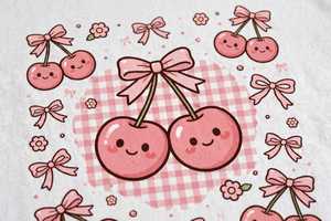 Haut d'été décontracté en coton à manches courtes et col rond pour femme, avec imprimé cerise Kawaii mignon et effet bouffant - Product Image 5