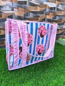 Pink Peacock Stripe Tote <b>Bag</b> With Ruffle Trim Summer <b>Beach</b> Style Open Top Tote <b>Bags</b> Stylish New Women's Handbags Wholesale - Product Image 1