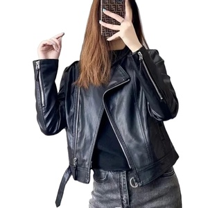 แจ็กเก็ตหนังขี่มอเตอร์ไซค์สำหรับผู้หญิง, เสื้อโค้ทหนัง PU สุดชิคเสื้อครอปแจ็คเก็ต Y2k คอตั้งมีซิปแขนยาว - Product Image 1