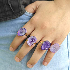 Natural Purple Druzy Agate Raw Gemstone <b>Adjustable</b> <b>Rings</b> Vintage Style Model 18k Gold Plated Brass Women Fashion Jewelry - Product Image 2