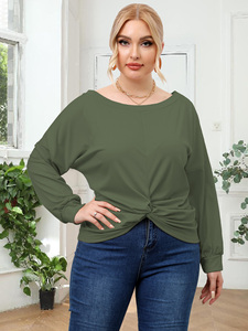 T-shirts à manches longues pour femmes grandes tailles, couleur unie, style décontracté, coupe irrégulière croisée, surdimensionnés, personnalisables en usine, collection automne - Product Image 2