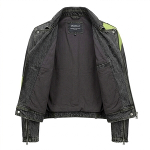 Veste en jean noire délavée pour homme Dravelle, style motard, respirante, avec panneau vert néon personnalisé, fermeture éclair asymétrique, streetwear cyberpunk - Product Image 5