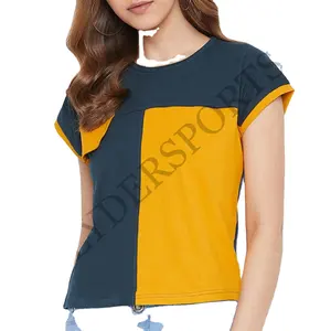 Camiseta de moda 100% de algodón para mujer, blusa de Color amarillo y azul con manga corta y cuello redondo y un bolsillo