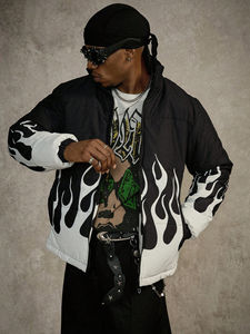 Men Flame Print Puffer Jacket Streetwear Winter Jacket Custom Graphic Puff Jacket Hip Hop Fashion Outerwear - Product Image 3