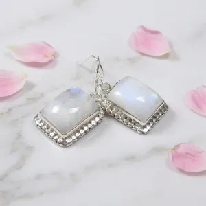 Boucles d'oreilles pendantes en argent sterling 925 avec pierre de lune arc-en-ciel, bijoux indiens faits à la main, cabochon carré, accessoires vintage pour femmes - Product Image 2