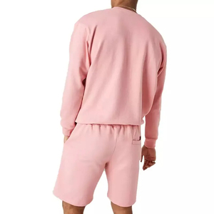 Men's Pink Casual 2-Piece <b>Set</b> Crew Neck Sweatshirt Shorts Solid Color <b>Knitted</b> Cotton Summer Wear - Product Image 5