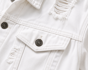 KP INTERNATIONAL <b>Men's</b> <b>White</b> Denim <b>Jacket</b> Regular Fit Frayed Distressed Turn-down Collar Casual Spring Style - Product Image 5
