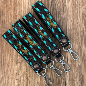 Nouvel arrivage Bracelet en cuir usiné à motifs floraux occidentaux Porte-clés en cuir véritable Porte-clés de voiture Porte-sangle Lanière pour femmes - Product Image 6