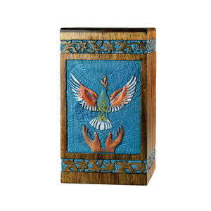 Urne funéraire artisanale en bois pour cendres humaines, sculptée à la main, colombe volante bleue, urnes funéraires, boîte commémorative, fournisseur en gros - Product Image 1