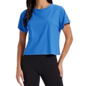 Bright Blue Loose Fit Women Yoga <b>Crop</b> <b>Tops</b> Cotton Blend Flexible Fabric Breathable Premium Yoga <b>Crop</b> <b>Tops</b> - Product Image 3