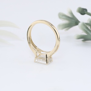 Yellow Gold Vintage Emerald Cut Lab Grown Diamond Engagement <b>Ring</b> with <b>Split</b> Shank Micro Pave Wedding Band for Women - Product Image 3
