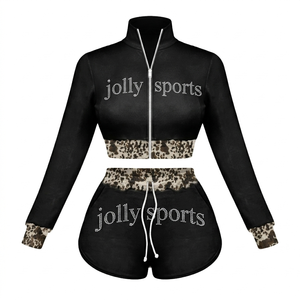 Conjunto de Shorts Deportivos para Mujer, 260 GSM, Poliéster y Spandex, Diseño de Leopardo Negro con Panel en Contraste, Logotipo con Pedrería, Personalizado OEM - Product Image 1