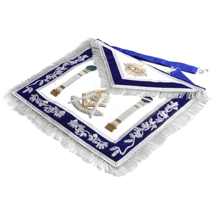 Tablier de Maître Ancien de la Loge Bleue, broderie à la main bleue et or-argent avec motifs de piliers, en cuir blanc avec cordons - Product Image 2