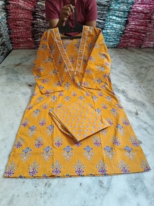 Conjunto de Kurta y Pantalón de Algodón Orgánico Puro, Cuello en V, Estampado Floral, Transpirable, Bordado, Corte Lateral Recto, Cintura Elástica Larga, Estilo Casual y Bonito - Product Image 4