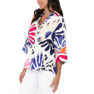 Camisa Holgada para Mujer y Blusa de Lino Teñido Liso - Camisa Hawaiana con Estampado Digital, Top Informal para Primavera, Otoño y Verano - Product Image 3