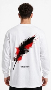 Oneten Apparel Camiseta blanca de manga larga para hombre con cuello redondo y estampado de plumas en negro y rojo - Product Image 5