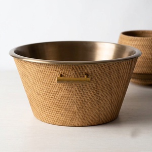 Luxury Rattan Wrapped Theme Metal Wine <b>Ice</b> Bucket Antique Bronze Finish With Gold Handles Elegant Party Beverage Tub Wholesale - Product Image 3