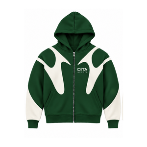 Sudadera con capucha verde bosque con paneles en contraste y cremallera completa para hombre, estilo urbano, manga larga, informal, de forro polar, con bolsillos. - Product Image 1
