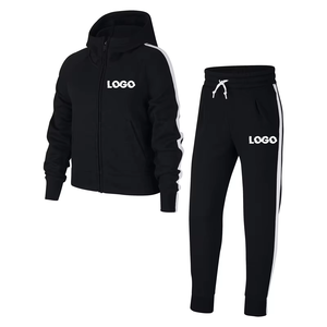 Ensemble de survêtement noir pour femme, sweat-shirt à capuche avec fermeture éclair et pantalon avec logo blanc imprimé, couleur unie, style sportif, longueur intégrale - Product Image 2