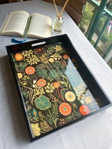 Rectangular Wood Serving Tray Handpainted Bohemian Plant Pattern Black Frame Decorative Tray for Home Use - Product Image 6