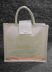 Sustainable Natural Jute Tote 14x16x5 Inch Flap Closure Design Button Fastening <b>Reusable</b> <b>Shopping</b> <b>Bag</b> Office Items 1-1.9L Custom - Product Image 2