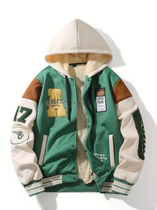 100% Cotton Hooded High Street Varsity <b>Jacket</b> Men Green Brown for Color Blocking Embroidered Patch Design Sherpa <b>Lining</b> Front - Product Image 1