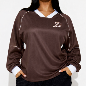 Camiseta de Fútbol Americano para Mujer, Talla Grande, Color Marrón, Malla Transpirable, Manga Larga, Poliéster, Estilo Urbano, Panel en Contraste, Marca Privada - Product Image 5