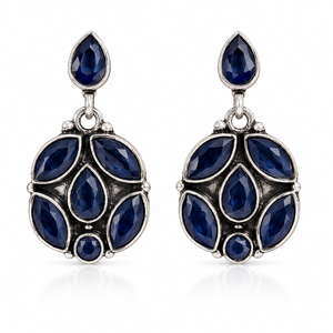 Boucles d'oreilles pendantes classiques en argent oxydé de qualité export, serties de zircon bleu taille marquise, forme cloche, cadeau pour elle, mariage - Product Image 1