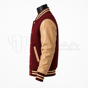 Chaqueta Universitaria Personalizada Color Granate, Cuerpo de Lana, Mangas de Cuero Beige, Chaqueta Letterman, Fabricante de Marca Privada OEM - Product Image 5