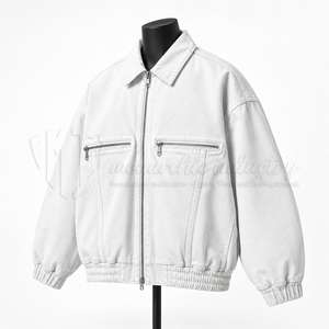 Custom <b>White</b> Denim Bomber Jacket <b>Men</b> Unisex Zip Up Jacket Shirt Collar Casual Streetwear OEM ODM Manufacturer - Product Image 3