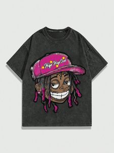 Men's Brown Oversized T-Shirt With Cartoon Hip Hop <b>Soul</b> Print Short Sleeve O-Neck Street Style Jersey Fit - Product Image 2