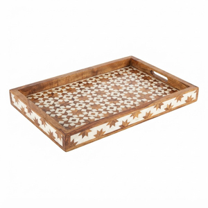 Plateau de service géométrique noir et blanc de qualité supérieure, incrusté de os, fait main, motif marocain monochrome, avec poignées, pour le café - Product Image 3