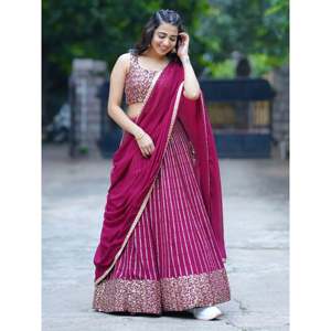 Magenta <b>Sequins</b> Georgette Reception Lehenga Choli for Women - Product Image 6