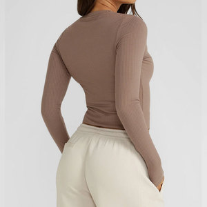 Ribbed Women Custom High Elastane Short Length Design Thumb Hole Cuffs Round Neck Solid Color Sweat Wicking <b>Long</b> <b>Sleeve</b> Shirt - Product Image 6