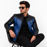 Blouson Moto Homme en Cuir et Toile Bleu Noir, Col Montant, Logo Frontal, Fermeture Éclair, Coupe Slim, Coupe-Vent, Idéal Hiver