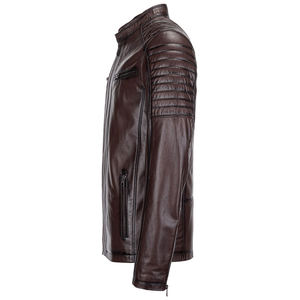 Chaqueta de motociclista de cuero PU marrón para hombre, con cuello alto, cierre de cremallera, estilo motero, con hombros acolchados - Product Image 5
