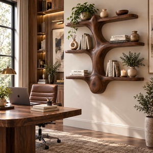 Estante de pared de madera único, hecho a mano, con múltiples estantes y cajones, librero para el hogar, oficina, sala de estudio y sala de estar. - Product Image 2