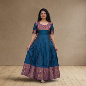 <b>Teal</b> Silk Floor-Length Anarkali <b>Suit</b> With Purple Border Traditional Indian Wear For <b>Women</b> Loose Fit All Seasons - Product Image 5