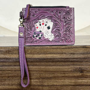 Western Style Hand Tooled Genuine Leather Zipper Clutch <b>Small</b> Luxury Credit Card Holder Poker Design Slim Coin Storage <b>Wallet</b> - Product Image 2