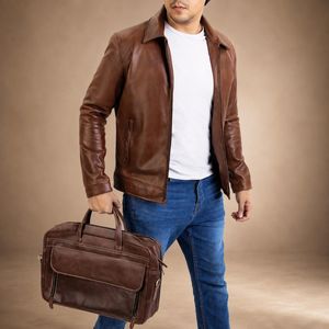 <b>Brown</b> <b>Leather</b> <b>Jacket</b> <b>Men</b> Zip Up Collared Casual Outerwear Autumn Style Genuine <b>Leather</b> Slim Fit Regular Length - Product Image 1