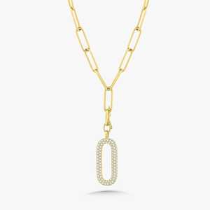 Diamond Solitaire Pendant Necklaces Pave Oval Charm Holder 18 Inch Paperclip Layering Statement <b>Chains</b> 10K 14K 18K Solid Gold - Product Image 5