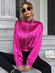 Blouson bombardier en satin pour femme, veste légère, épaule tombante, manches longues, vêtements d'extérieur zippés - Product Image 3