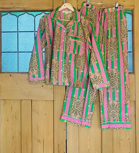 Conjunto de Pijama de Algodón para Mujer, Estampado Animal, Ropa de Dormir a Rayas, Camiseta de Manga Larga, Pantalones, Ropa de Dormir Personalizada - Product Image 1