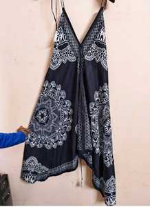 Silk Blend <b>Boho</b> <b>Dress</b> | Black & White Mandala Print Asymmetrical Hem | Formal <b>Summer</b> Wear Maxi <b>Dress</b> For Women - Product Image 2