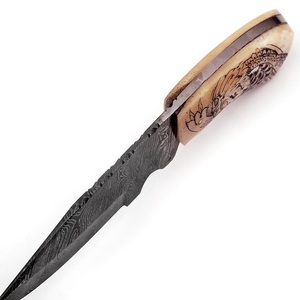 Couteau de chasse à lame fixe en acier Damas de qualité industrielle, fabriqué sur mesure par Trend Blades, pointe clip, manche en bois, étui en cuir - Product Image 1