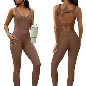 Nuevo Conjunto de Yoga de Una Pieza para Mujer, Color Sólido, Sin Mangas, Sexy, Ajustado, Diseño Elástico de Nylon, Trajes de Yoga para Mujer - Product Image 1