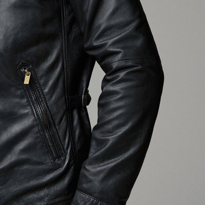 Finer Threads Men's Black Genuine Leather Varsity <b>Jacket</b>-Breathable Coated Fabric Linen Lining-Vintage Style Full - Product Image 5