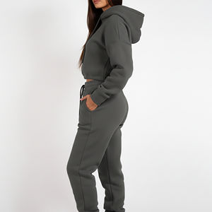 Ensemble de survêtement hiver haut de gamme couleur unie avec sweat à capuche et pantalon de jogging à revers, logo personnalisé sérigraphié, dentelle, vente chaude - Product Image 3