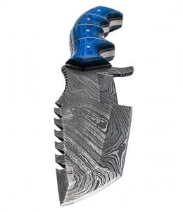 Cuchillo utilitario artesanal de acero de Damasco con mango de madera Pakkawood azul y espiga de sierra, herramienta de campo - Product Image 5
