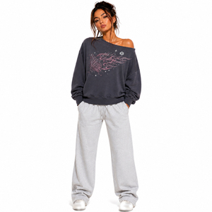 Women's Off Shoulder Butterfly Rhinestone Cotton Fleece Sweatshirt Charcoal Gray Oversized Casual Streetwear Hoodies Custom Logo - Product Image 3